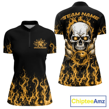 Custom Yellow Flame Skull Bowling Team Shirts For Women, Halloween Bowling Jerseys IPHW10554