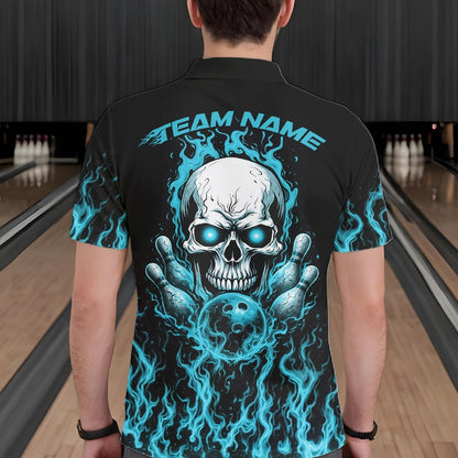 Custom Blue Flame Skull Bowling Team Shirts For Men, Halloween Bowling Jerseys IPHW10555