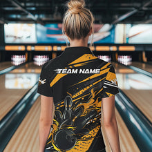 Load image into Gallery viewer, Custom Black And Gold Flame Women Bowling Polo Shirts, Fire Bowling Ball Bowling Team Shirt IPHW8698