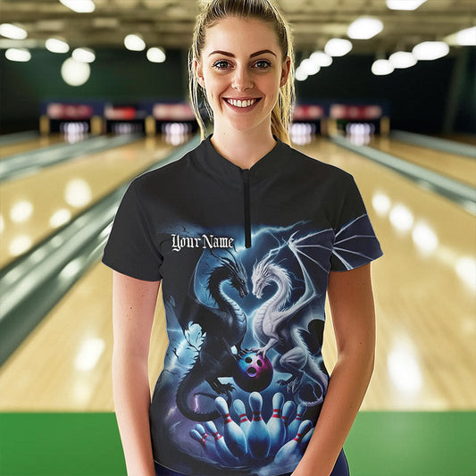 Custom Blue Lightning Black And White Dragons Bowling Women Quarter-Zip Shirt Bowler Outfit IPHW8957