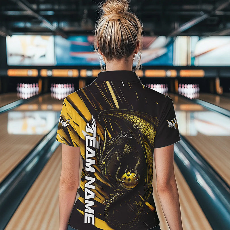 Black And Yellow Custom Dragon Bowling Team Women Quarter-Zip Shirt, Bowling League Shirt IPHW8967