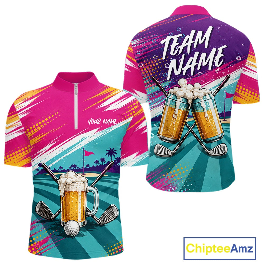 Custom Colorful Golf And Beer Men Quarter Zip Shirts, Golf Team Apparel IPHW11670