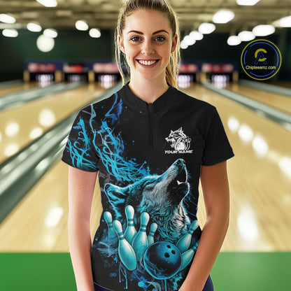Custom Blue Wolf Howling Women Quarter-Zip Shirt, Wolf Bowling Team Jerseys IPHW10158
