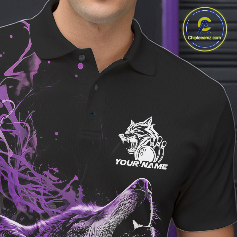 Custom Purple Wolf Howling Men Polo Shirt, Wolf Bowling Team Jerseys IPHW10159