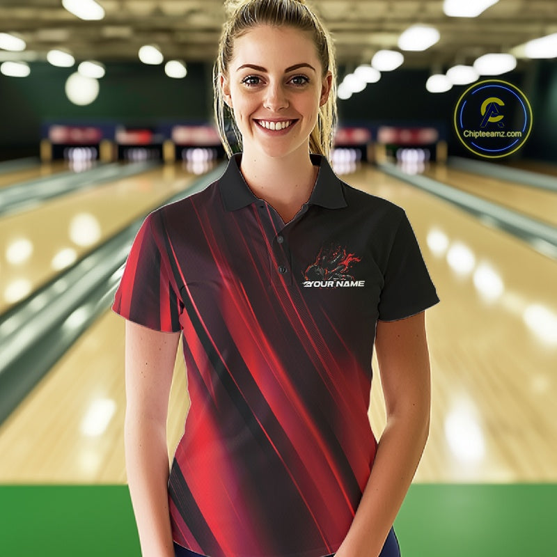 Custom Black And Red Gradient Flame Bowling Team Jerseys, Fire Bowling Shirt For Women IPHW10570