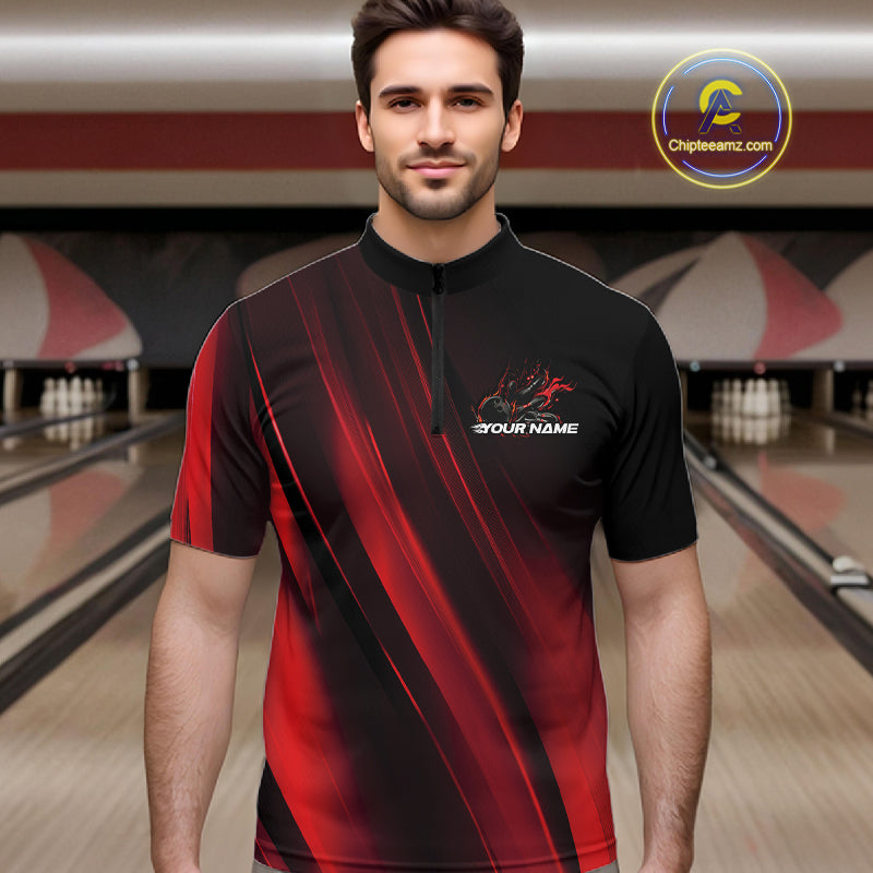 Custom Black And Red Gradient Flame Bowling Team Jerseys, Fire Bowling Shirt For Men IPHW10570