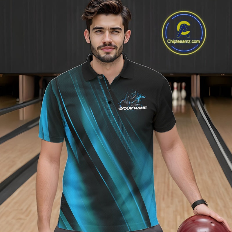 Custom Black And Blue Gradient Flame Bowling Team Jerseys, Fire Bowling Shirt For Men IPHW10571