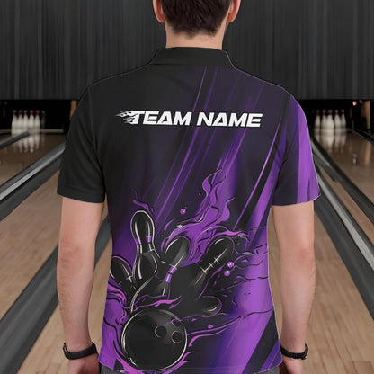 Custom Black And Purple Gradient Flame Bowling Team Jerseys, Fire Bowling Shirt For Men IPHW10572