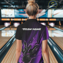 Load image into Gallery viewer, Custom Black And Purple Gradient Flame Bowling Team Jersey, Fire Bowling Shirt For Women IPHW10572