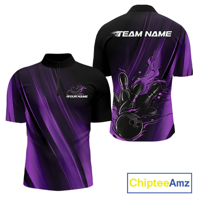 Custom Black And Purple Gradient Flame Bowling Team Jerseys, Fire Bowling Shirt For Men IPHW10572