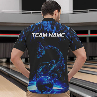 Custom Black And Blue Flame Scorpio Zodiac Bowling Men Quarter-Zip Shirts, Scorpion Bowling Team IPHW8969