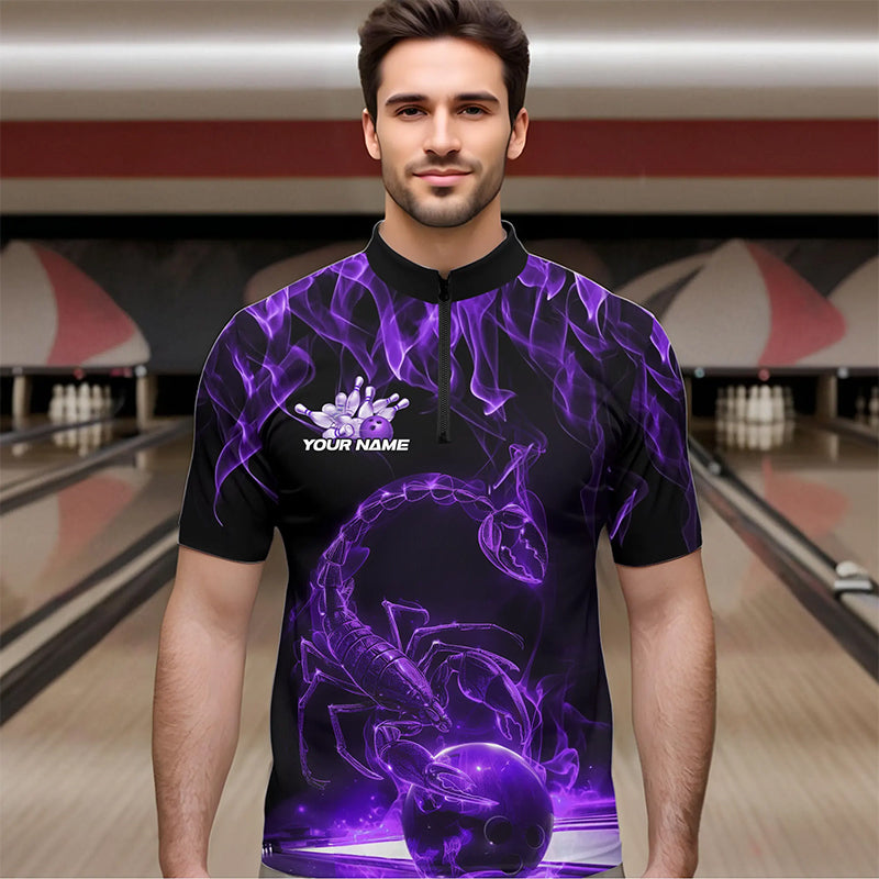Custom Black And Purple Flame Scorpio Zodiac Bowling Men Quarter-Zip Shirt, Scorpion Bowling Team IPHW8971