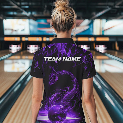 Custom Black Purple Flame Scorpio Zodiac Bowling Women Quarter-Zip Shirt IPHW8971