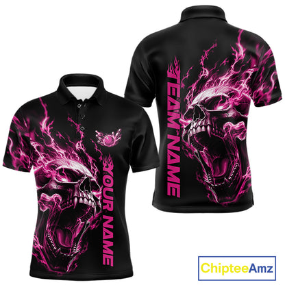 Product mockup showing a black short-sleeve bowling shirt with glowing pink flames, a large skull design, and customizable name and team text.