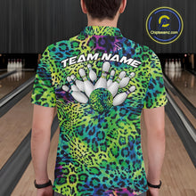 Load image into Gallery viewer, Back view of a man wearing a yellow, brown, and black leopard-print bowling shirt with “Team Name” above bowling pins and a patterned ball.