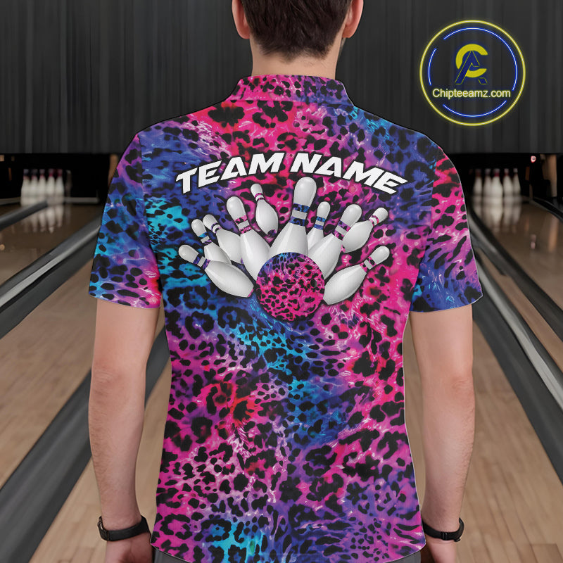 Back view of a man wearing a yellow, brown, and black leopard-print bowling shirt with “Team Name” above bowling pins and a patterned ball.