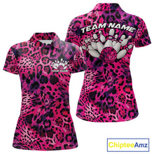 Load image into Gallery viewer, Front and back views of a womens gold, brown, and black leopard-print bowling polo with chest name text, bowling pins, and team name on the back.
