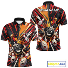 Load image into Gallery viewer, Front and back views of a men's bowling polo shirt mockup featuring a crowned cartoon bowling ball holding a royal scepter and leading animated bowling pins through vibrant radiating color bursts on a black, red, and orange palette.