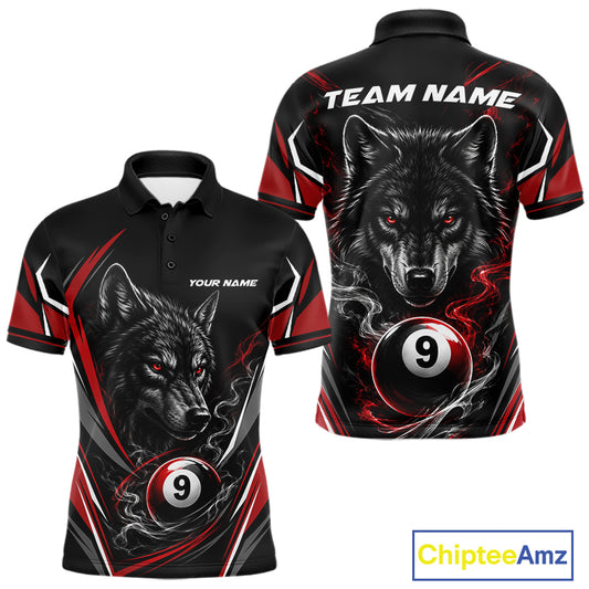 Custom Black And Red Smoke Flame 9 Ball And Wolf Billiards Men Polo Shirt, Pool Shirt IPHW11676