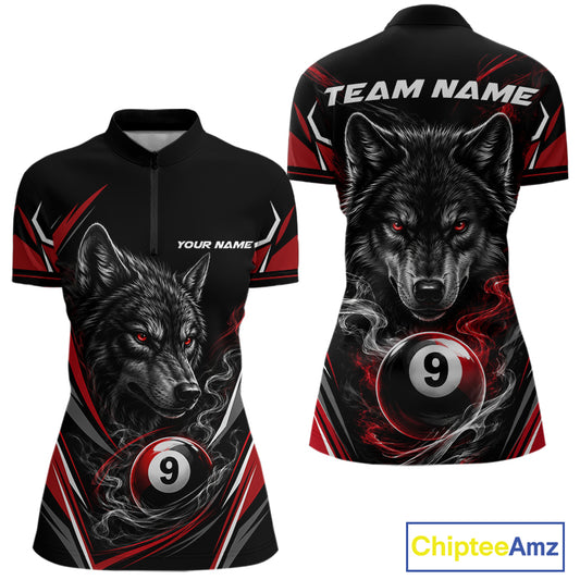 Custom Black And Red Smoke Flame 9 Ball And Wolf Billiards Women Quarter-Zip Shirt IPHW11676