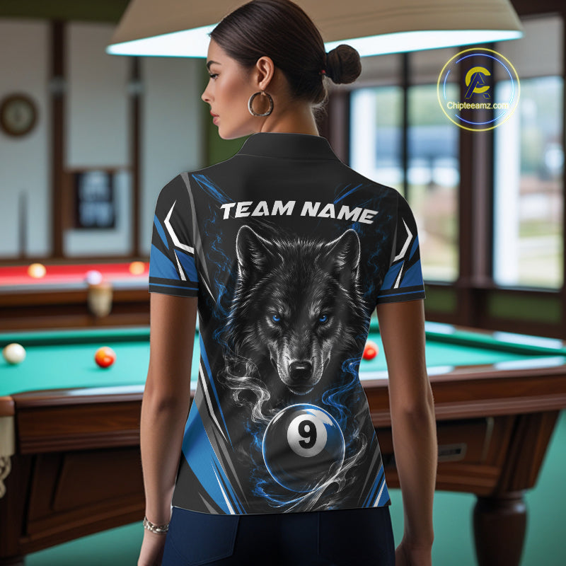 Custom Black And Blue Smoke Flame 9 Ball And Wolf Billiards Women Polo Shirt, Pool Shirt IPHW11677