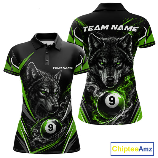 Custom Black And Green Smoke Flame 9 Ball And Wolf Billiards Women Polo Shirt, Pool Shirt IPHW11678