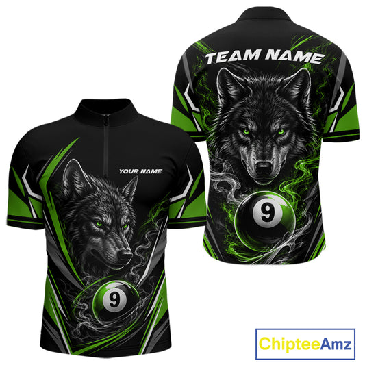 Custom Black And Green Smoke Flame 9 Ball And Wolf Billiards Men Quarter Zip Shirt, Pool Shirt IPHW11678