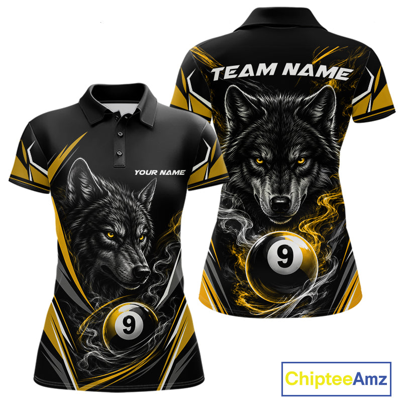 Custom Black And Yellow Smoke Flame 9 Ball And Wolf Billiards Women Polo Shirt, Pool Shirt IPHW11679