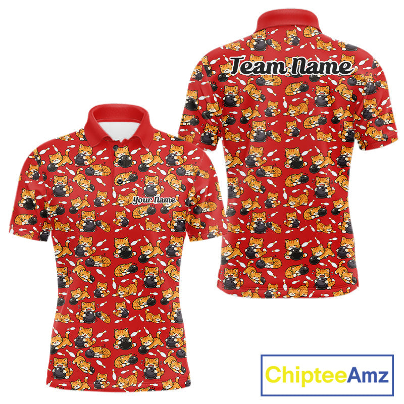 Custom Cute Ginger Tabby Cat Bowling Men Polo Shirts, Cat Bowling Team Shirt IPHW10305