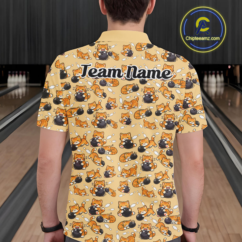 Custom Cute Ginger Tabby Cat Bowling Men Polo Shirts, Cat Bowling Team Shirt IPHW10306