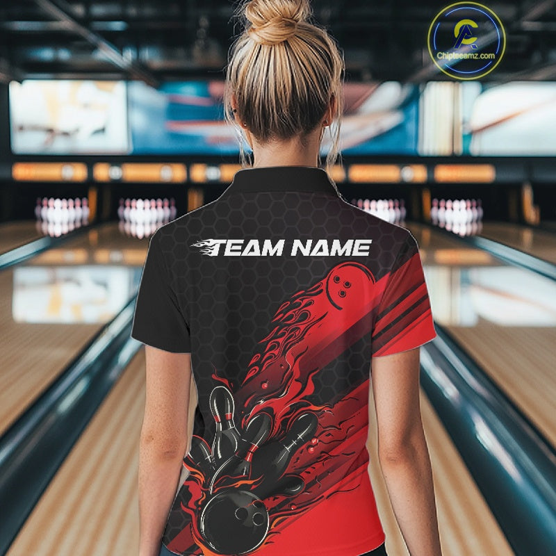 Custom Black And Red Flame Bowling Team Shirt, Bowling League Shirt Women Bowling Jersey IPHW10574