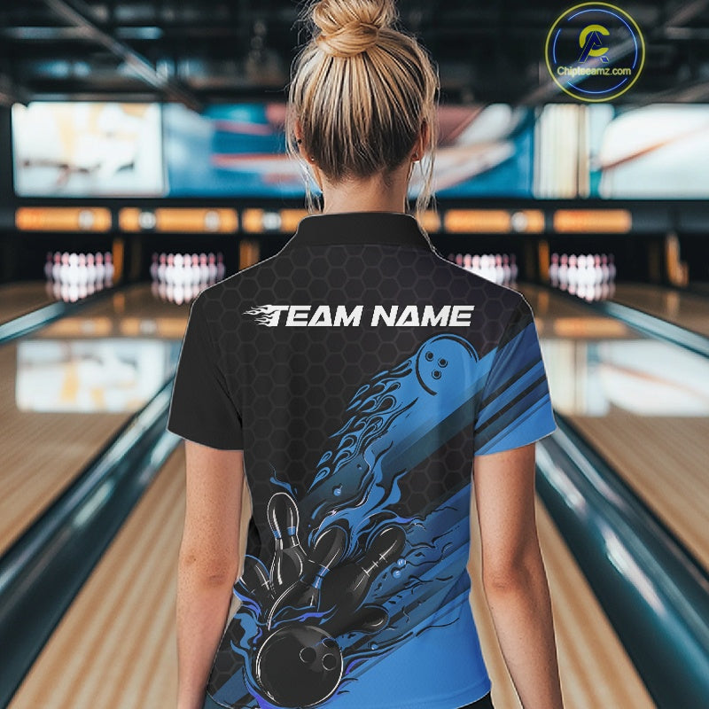 Custom Black And Blue Flame Bowling Team Shirts, Bowling League Shirt Women Bowling Jersey IPHW10575