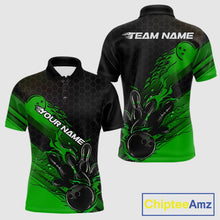 Load image into Gallery viewer, Custom Black And Green Flame Bowling Team Shirts, Bowling League Shirt Men Bowling Jersey IPHW10578