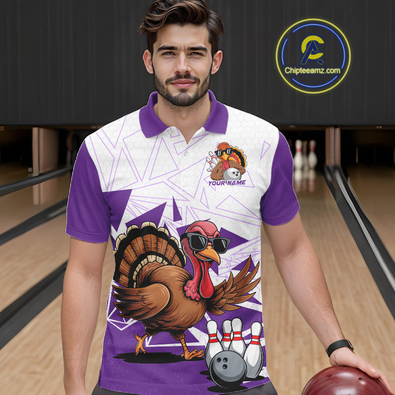 White And Purple Custom Funny Turkey Bowling Men Shirt, Bowling League Team Shirt IPHW10806