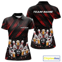 Load image into Gallery viewer, Front and back view of a women's bowling polo shirt mockup featuring funny cartoon bowling balls and pins raising frothy beer mugs with confetti and bold diagonal stripe artwork on a black and red shirt.