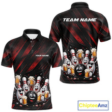 Load image into Gallery viewer, Front and back view of a men's bowling polo shirt mockup featuring funny cartoon bowling balls and pins raising frothy beer mugs with confetti and bold diagonal stripe artwork on a black and red shirt.