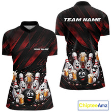 Load image into Gallery viewer, Front and back view of a women's bowling quarter zip mockup featuring funny cartoon bowling balls and pins raising frothy beer mugs with confetti and bold diagonal stripe artwork on a black and red shirt.