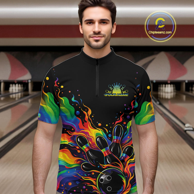 Custom Colorful Rainbow Colors Flame Bowling Men Quarter-Zip Shirt, Bowling Tournament Shirt IPHW10307