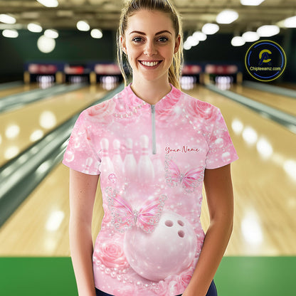 Custom Elegant Roses And Butterfly Women Bowling Quarter-Zip Shirt, Ladies Bowling Shirt IPHW10312