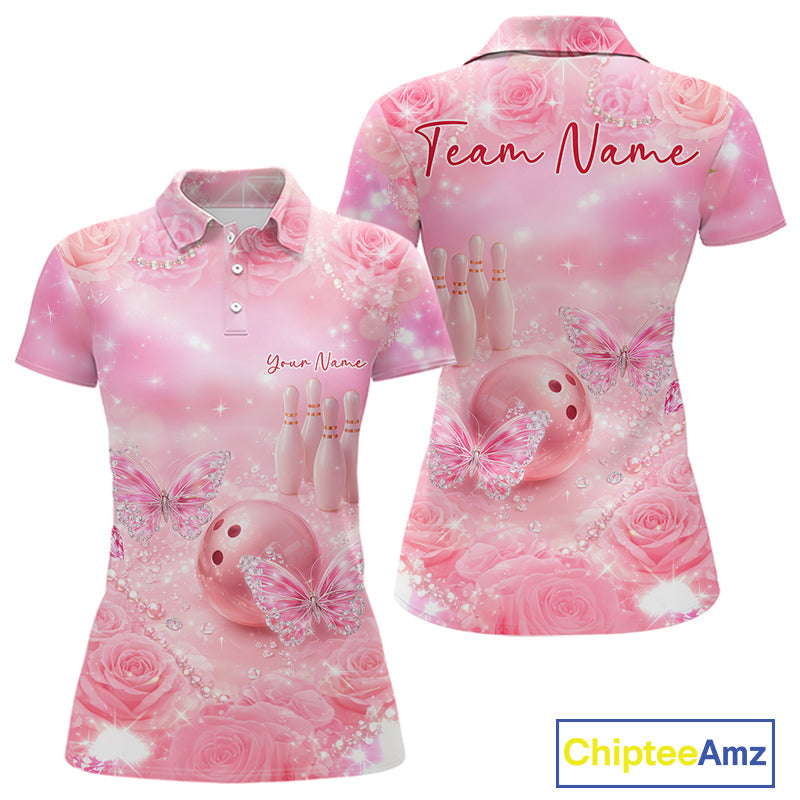 Custom Elegant Roses And Butterfly Women Bowling Polo Shirts, Ladies Bowling Shirt IPHW10315