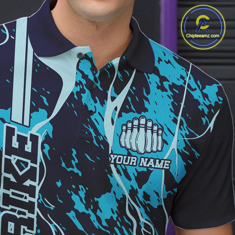 Custom Navy And Cyan Blue Camo Strike Bowling Shirt Men Bowling Team Jersey Bowling League IPHW10612