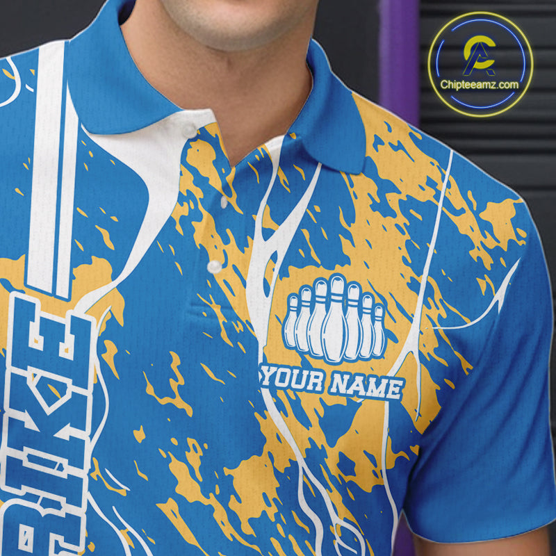 Custom Azure Blue And Yellow Camo Strike Bowling Shirt, Men Bowling League Team Jerseys IPHW10615