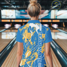 Load image into Gallery viewer, Custom Azure Blue And Yellow Camo Strike Bowling Shirt, Women Bowling League Team Jerseys IPHW10615