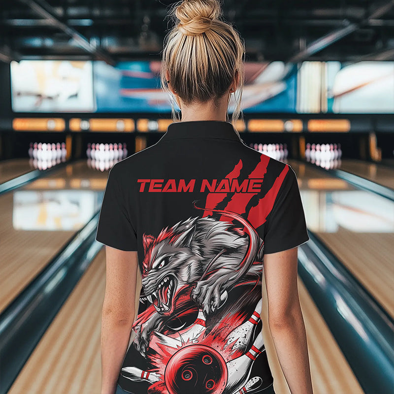 Custom Black And Red Wolf Bowling Women Quarter-Zip Shirts, Wolf Scratch Bowling Team Shirt IPHW8719