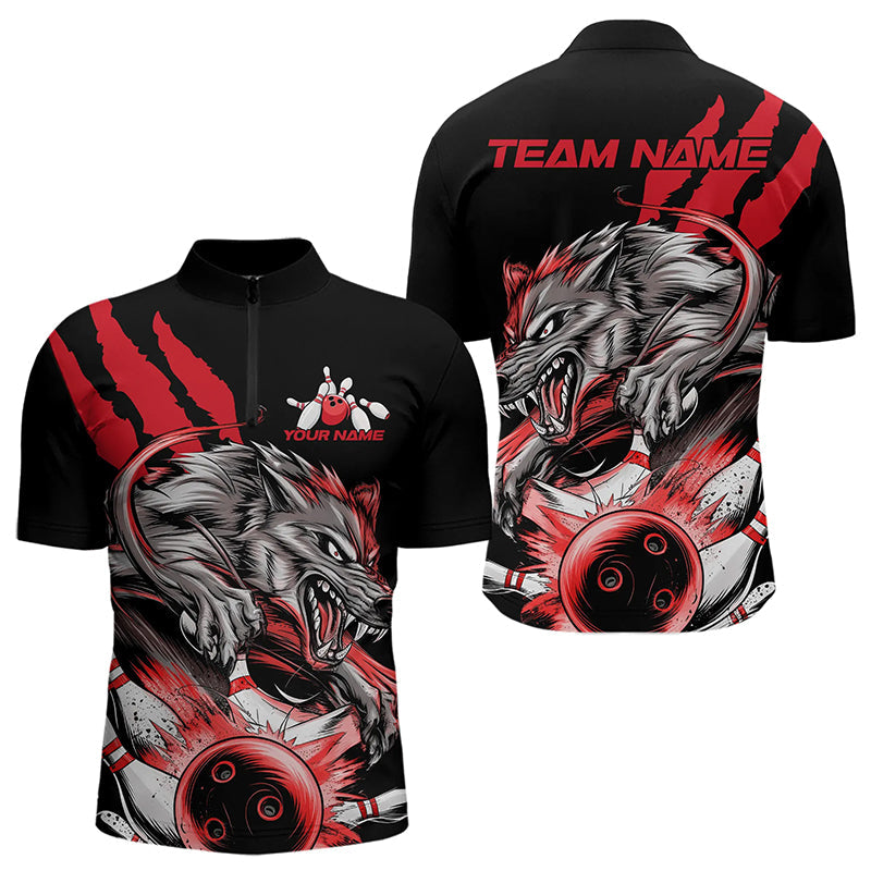 Custom Black And Red Wolf Bowling Men Quarter-Zip Shirts, Wolf Scratch Bowling Team League Shirt IPHW8719