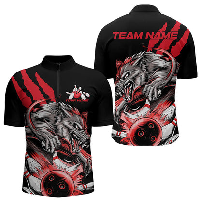 Custom Black And Red Wolf Bowling Men Quarter-Zip Shirts, Wolf Scratch Bowling Team League Shirt IPHW8719