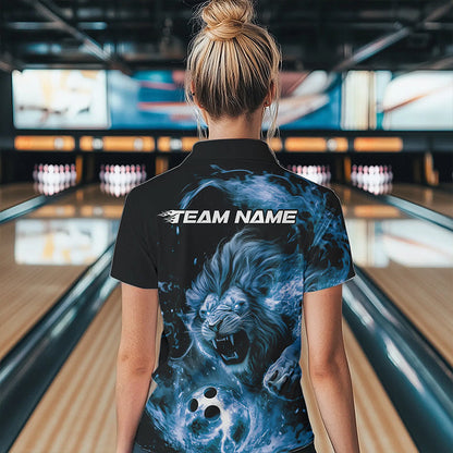 Custom Blue Flame Lion Bowling Team Women Quarter-Zip Shirts, Lion Bowling League Shirt IPHW8978