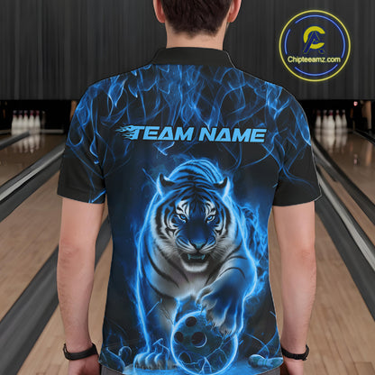 Custom Black And Blue Flame Tiger Bowling Team Polo Shirts For Men, Fire Bowling Jerseys IPHW8263