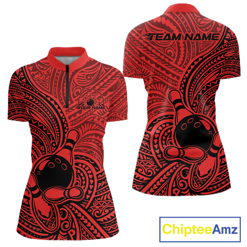 Custom Black And Red Traditional Samoan Tribal Polynesian Pattern Bowling Women Shirt IPHW10325