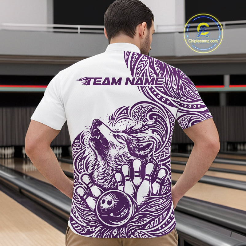 Custom Purple Tribal Pattern Maori Style Wolf Bowling Team Men Quarter-Zip Shirts IPHW10331